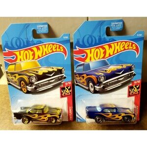 2019 Hot Wheels '57 CHEVY #9/250 Black & Dark Blue HW Flames #6/10 1:64 Lot Of 2